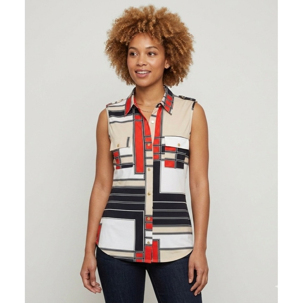 BCBGMAXAZRIA Sleeveles Top Size M Multicolor Button Down